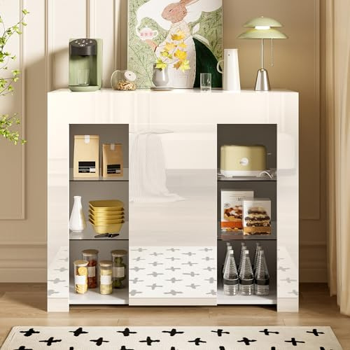 DUlVBPE Moderno buffet blanco con frente brillante – Solución de almacenamiento compacta y elegante con estantes de cristal y puerta de armario para salón, comedor o cocina – 95 x 35 x 83 cm