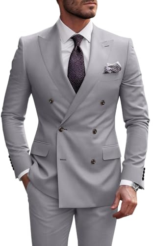 Tuxedo for Men Double Breasted Suits for Men 2 Piece Dinner Party Outfit for Men's Blazer Pants Suits Light Grey L