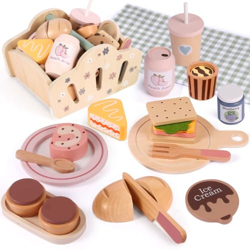 FIIOEOY Picknickkorb Kinder Holz, Kinderküche Zubehör Holz Picknick Set mit Decke, Holzspielzeug für Mädchen Jungen ab 3 Jahre