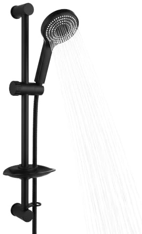 TILES & TAPS LTD® Shower Riser Rail Kit Adjustable 60cm Shower Slide Bar with 3-Mode Handheld Shower Head 1.5m Stainless Steel Hose Soap Dish & Shower Head Holder Matt Black