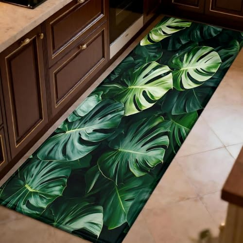 Runner Rug Hallway 50 x 220 cm Monstera leaves Non-Slip Washable Kitchen Floor Runner, green Trapper Rug for Hallway, Entryway and Kitchen
