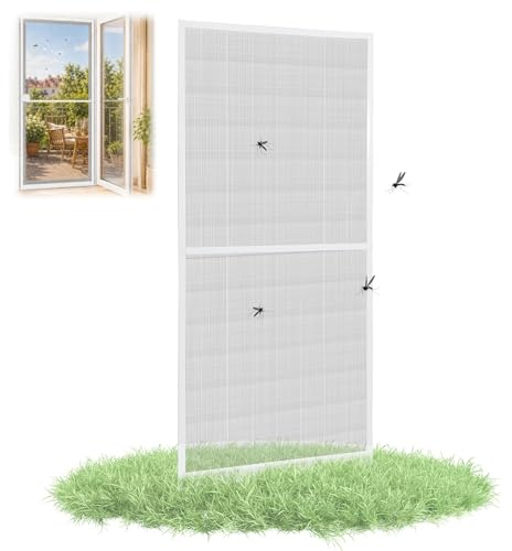 𝗝𝗮𝘅𝗴𝘂𝗼𝗺 Fliegengitter Tür Balkontür 120x240 cm, Insektenschutz Tür mit Alurahmen zur Schraubmontage, zuschneidbar, weiß, mit Bürstendichtung & Magnetverschluss für Terrasse