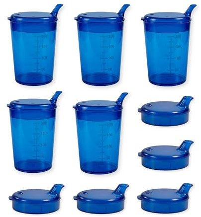 Medi-Inn+ Schnabelbecher 250 ml Praktisches Set: 5 Unterteile mit 10 Deckeln (5 x mit Öffnung 12 x 10 mm u. 5 x mit Öffnung 4 x 4 mm) | blau