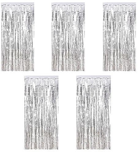 Kioneer Metallic Tinsel Curtains - Silver 5 Packs, 3 ft x 10 ft, Large Foil Fringe for Photo Backdrop, Door, Wall, Window, Party, Christmas Decoration