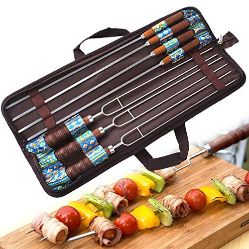 Uteruik Lot de 7 pics à brochettes réutilisables en acier inoxydable avec pochette de rangement pratique pour barbecue et griller de la viande, des légumes
