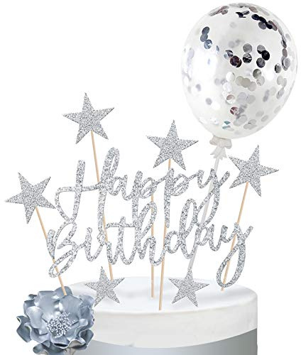 iZoeL Argento Topper per Torta di Compleanno, Banner di Buon Compleanno, Decorazione Con Coriandoli, Palloncini, Stelle e Candele per Feste di Ragazzi e Ragazze
