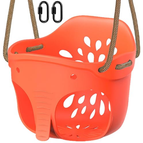 SELEWARE Cute High Back Full Bucket Toddler Swing Seat with Adjustable Rope, Heavy Duty Playground Swing Set with 2 Carabiners, Elephant Design, 600LB Weight Limit, Red