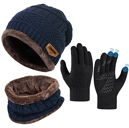 Kinder Wintermütze Schal Touchscreen Handschuhe Set - Beanie Strickmütze Winterschal Thermo Handschuhe | Fleecefutter Warme Knit Hut Loop Schal Rutschfeste Handschuhe | für Junge Mädch 5-10 Jahre