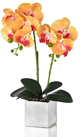 YSZL Künstliche Orchidee, künstliche Phalaenopsis-Seide, Bonsai, realistisches Arrangement in silberfarbener Vase für Heimdekoration, Tischdekoration, Orange