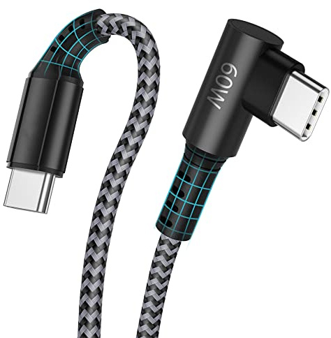 Câble USB C vers USB C, 2Pcs 2M 60W USB C vers Type C Câble de Charge en Nylon USB C Angle Droit 90 Degrés pour Samsung Galaxy S22/S21/S21Plus/S20/S20 Ultra/S8/A53 5G/A71/Note 20/10, Google Pixel 3/4
