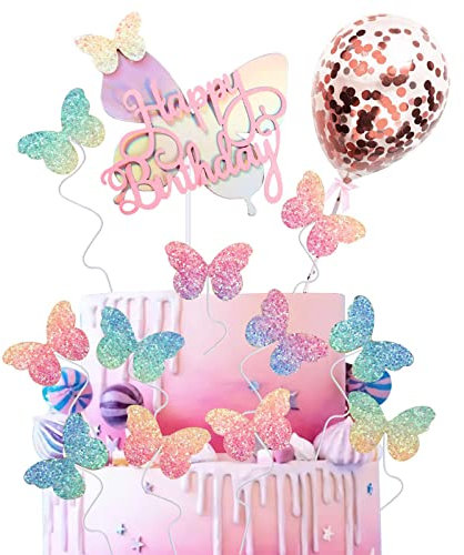 17Pcs Butterfly Cake Decorations, Colorful Butterfly Cake Topper Cupcake Toppers Cake Decorations Kit for Girls Birthday Party Wedding Supplies