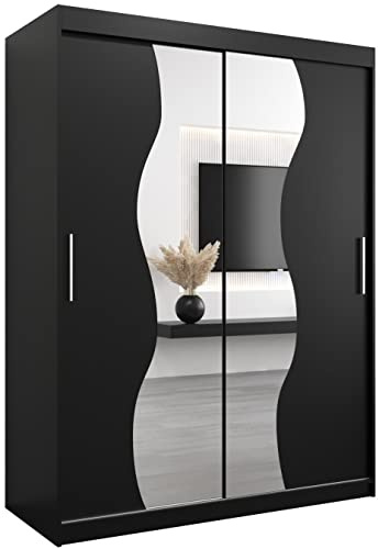 KRYSPOL Schwebetürenschrank Madryt 150 cm mit Spiegel Kleiderschrank mit Kleiderstange und Einlegeboden Schlafzimmer- Wohnzimmerschrank Schiebetüren Modern Design (Schwarz)