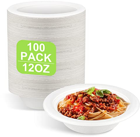 GREENESAGE Ciotole di carta usa e getta, 350 ml, 100 pezzi, in canna da zucchero, stoviglie usa e getta, ciotola per zuppa biologica, rotonde, bianche, profonde
