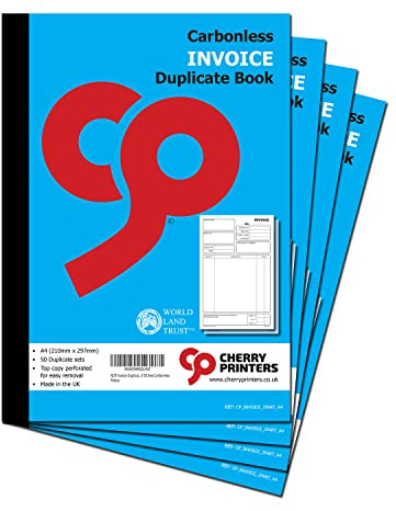 Cherry Carbonless NCR Invoice Book | Duplicate Book | A4 | 50 Sets | **4 Pack** | Perfect for The self-Employed, Small and Larger Businesses |