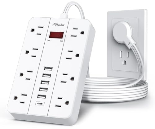 Power Strip with USB, Flat Plug Extension Cord Surge Protector 5 Ft, HUNIAN Power Strip with 8 Widely Spaced Outlets 6 USB Charger (1 USB C Port), Desk Charging Station for Home Office, White