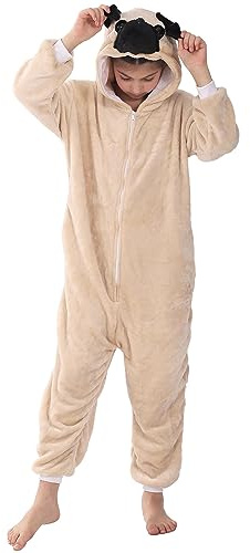 LOBUJOU Animal Hooded Costume for Kids Boys Girls Flannel Onesie Halloween Cosplay One Piece Pug Dog 120