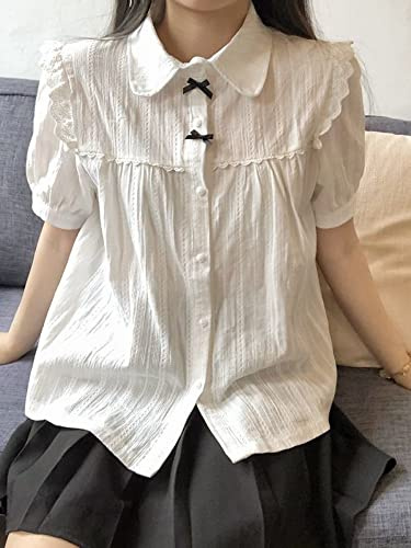 White Lolita Lace Blouse Women Gothic Preppy Style Vintage Peter Pan Collar Short Sleeve Shirt Girl Summer Cute Top