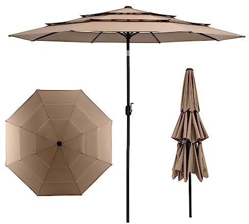 KOMFOTTEU Ombrellone da Giardino Diametro 300cm, Inclinabile a 45°, a 3 Livelli con 8 Aste, Protezione Solare, per Terrazza, Patio, Piscina (Marrone)