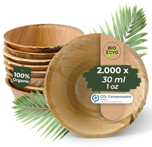 BIOZOYG Dipschalen 2000 Stück 30 ml rund - Palmblatt mini Schälchen Fingerfood Schalen Einweg - Alternative zu Holz, kleine Schälchen für Dips, Saucen und Dressings