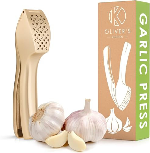 Oliver's Kitchen ® Premium Garlic Press - Super Easy to Use & Clean Garlic Crusher & Mincer - Crush Garlic & Ginger Effortlessly (No Need to Peel) - Built for Life - Strong & Durable (Matt Gold)
