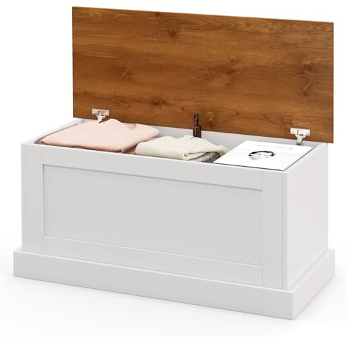 LOKO 35.5” Storage Chest, Lift Top Storage Box with Metal Hinges, Wooden Storage Bench with Safety Hydraulic Strut, Large Farmhouse Storage Trunk for Living Room, Bedroom, Entryway (White & Walnut)