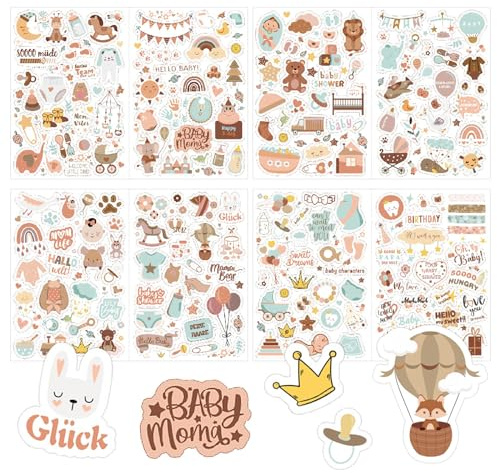 LYNSAN Sticker Babyalbum (204 Motive), Aufkleber für Fotoalbum Baby, Sticker Baby, Fotoalbum Babysticker Deko für Kinder Mädchen Junge Babyparty Geschenk Jahr Buch Scrapbook Zubehör Braun