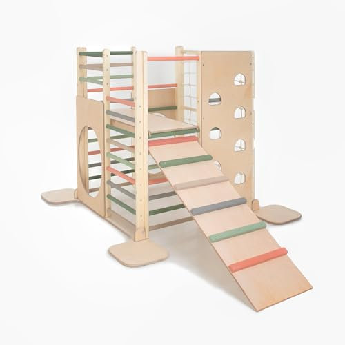 HomeForDreams Wooden Montessori Inspired Square Climbing Tower for Toddlers: Foldable Indoor Playground with Accessory Boards (Forest Dream, with Inner Board and Ladderboard)