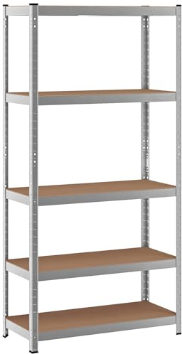 GIANTEX 5-lagers förvaringshylla, tung lasthylla, monteringshylla, metallkonstruktion, varje hylla lastkapacitet 175 kg, perfekt för garage, lager och förråd (silver)