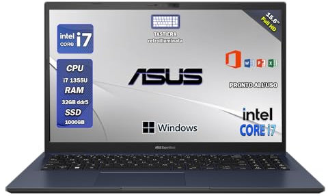 ASUS notebook i7, pc portatile i7 13620H, Expertbook, ram 40 Gb, Ssd 1 Tb Nwme, Display 15.6, UHD Graphics, Wi fi 6, Bt, tastiera retroilluminata, Windows 11 Pro, Office Pro, Laptop i7