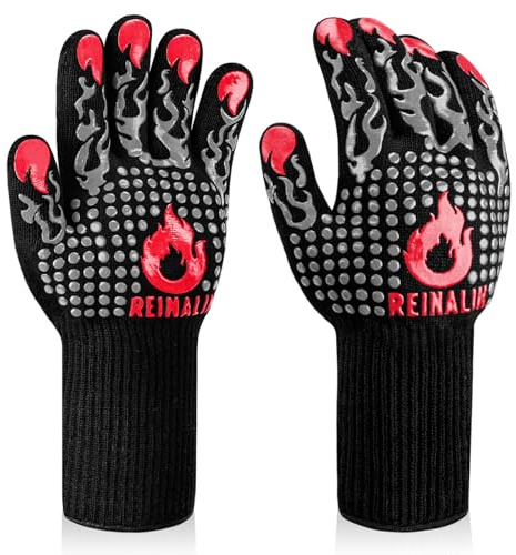 Reinalin Grillhandschuhe Hitzebeständig 500°C, Ofenhandschuhe BBQ, S/M | Feuerfeste Außenschicht, Rutschfester Griff, Für BBQ, Grillen, Kochen und Backen