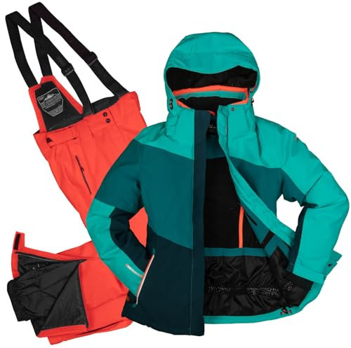 Killtec Damen Skianzug Größe 44 - aus Skijacke türkis grün petrol grün und Skihose neon orange - mit 10000mm Wassersäule - wasserdicht, atmungsaktiv