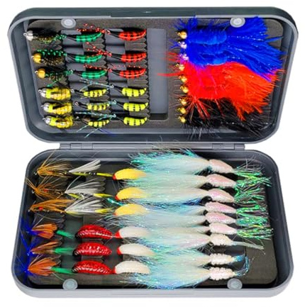 Qitewwrme 24-100 pièces appâts Faits à la Main,artificiels de pêche à la Mouche avec des Mouches sèches/humides appâts La Truite Pêche avec boîte Ensemble (54pièces/Set (10 Styles de mélange))