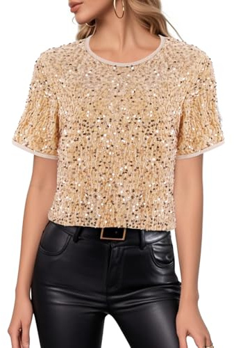 Segreto Damen Glitzer Pailletten Tops Short Sleeved Rundhals Locker Oberteil Glänzende Party Bluse T-Shirts Festliches Outfit