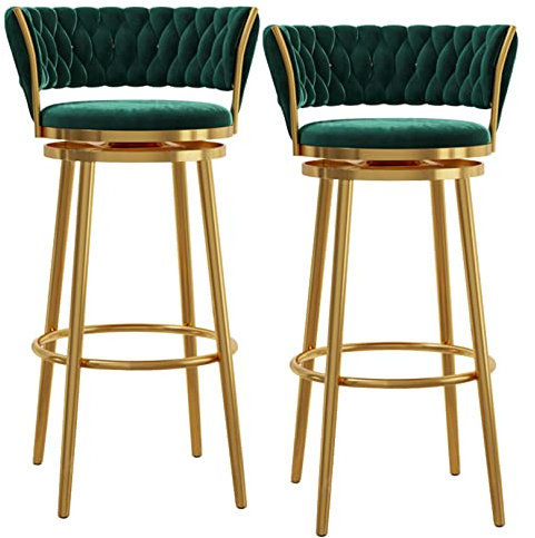 Barhocker aus Samt, 2er-Set, 65 cm, Thekenhöhe, Drehhocker mit Rückenlehne, goldfarbene Fußstütze und 360° drehbar, grün, Kücheninselstühle für Zuhause, Bar