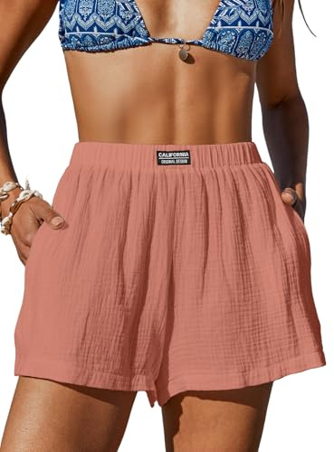 CUPSHE Damen Shorts Sommer Waffelpiqué Kurze Hose Elastischer Bund mit Taschen High Waist Strandshorts Weich Pyjamahose Kurz Struktur Stoffhose | Lässige Badehose aus 100 % Baumwolle, Seitentaschen, leichte und atmungsaktive Stoffe, Sommer, Pool, Urlaub