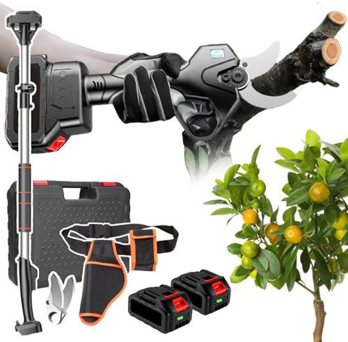 agreilduite Sécateur électrique sans Fil 60 mm avec 2 Batteries 4500 mAh, autonomie 8 à 12 h, Perche télescopique de 2,1 m et Sac Banane, sécateur Jardin Rechargeable pour Jardinage et Arboriculture.
