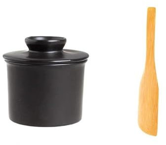 Huangj-0527 Kitchen Tools Round Butter Box Ceramic Butter Storage Jar Cheese Cup Butter Knife Kitchenware(Black)