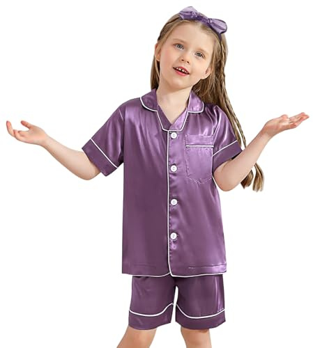 cenozo Pijama Niña Niño Conjunto de Seda con Cinta para la Cabeza Botones Pijama Ropa de Dormir Ropa de Casa Conjunto de Ropa