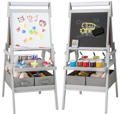 HOMASIS 3-in-1 Kindertafel aus Holz mit Stauraum, Kunstpferd mit Whiteboard, Kreidetafel und Papierrolle, für Kinder von 3-6 Jahren (grau)
