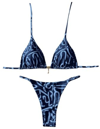 GORGLITTER Women's Thong Bikini Sets Graphic Halter Micro Triangle High Waisted 2 Piece Swimsuit String Bathing Suits Blue Medium