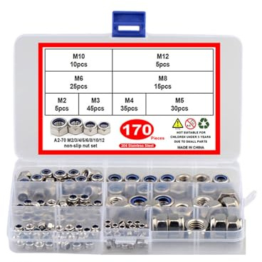 Kit completo de tuercas de bloqueo de acero inoxidable 304, 170 piezas con inserciones de nailon para diversas aplicaciones