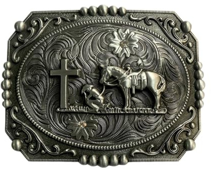 Fachoice Kniendes Gebetspferd-Gürtelschnalle für Männer Gürtelschnalle Gebetspferd-Kreuz Cowboy Schmuck Reiterkreuz Jahrgang (Silber)