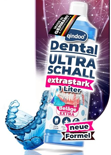 Qindoo Dental Beläge EXTRA Ultraschallreiniger Konzentrat – Entfernt Tee-, Nikotin- & Kaffeeflecken – Für Zahnprothesen, Schienen, Spangen, Zahnersatz – Hochkonzentriert (1 Liter)