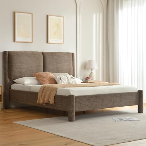 YUHUASHI Queen Bed Frame with Padded Headboard, Cylindrical Legs, Slatted Support, No Box Spring Required, Easy Assembly (Brown, Queen (U.S. Standard))