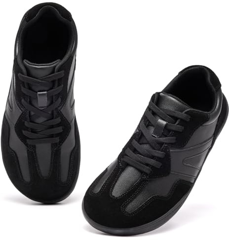 Women Wide Width Waterproof Leather Barefoot Trainers with Memory Foam Arch Support for Ladies Zero Drop Lightweight Walkers Wide Toe Width Box Non Slip Everyday Shoes All Black UK 6