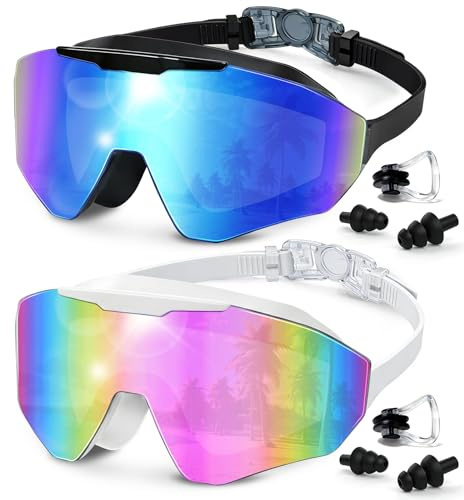 FUSHI&MON 2 Pack Swimming Goggles, No Leak Wide Vision Adult Swim Goggles for Men Women Youth, Anti-Fog & UV Protection, Soft Silicone Comfort Goggles for Indoor & Outdoor Pool