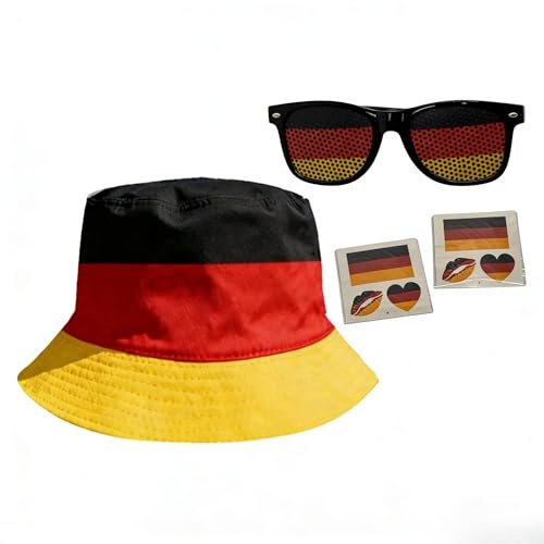 yhjukkk National Flag 3 Piece Soccer Fan Bundle with One-size Bucket Hat Sunglasses & Temporary Tattoos (Germany)
