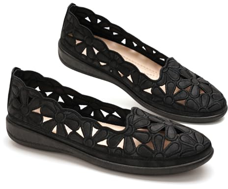 GLAMORA Bailarinas Mujer cómodas Verano, Zapatos con cuña Baja Calado Floral Transpirables, Suela Flexible Antideslizante, Plantilla Acolchada Confort