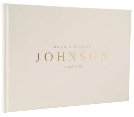 DeinWeddingshop Gästebuch Hochzeit Personalisiert Leinen Beige – 100 Seiten Hardcover – Hochzeitsgästebuch mit Namen & Datum – Blanko Wedding Guest Book