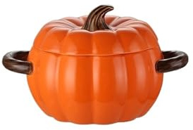 Olla holandesa de cerámica de 50 oz con tapa, cacerola de Halloween en forma de calabaza, olla sopera de cerámica for uso sin llamas abiertas(Orange)